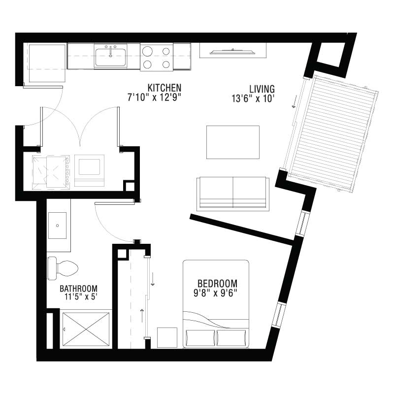 1 Bedroom Apartment Open Spaced Floor Plan